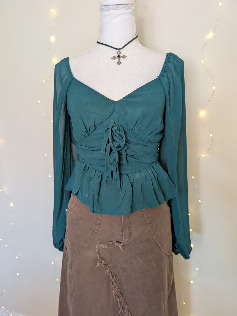 Forest Green Ruched Fairycore Blouse with Sheer Sleeves